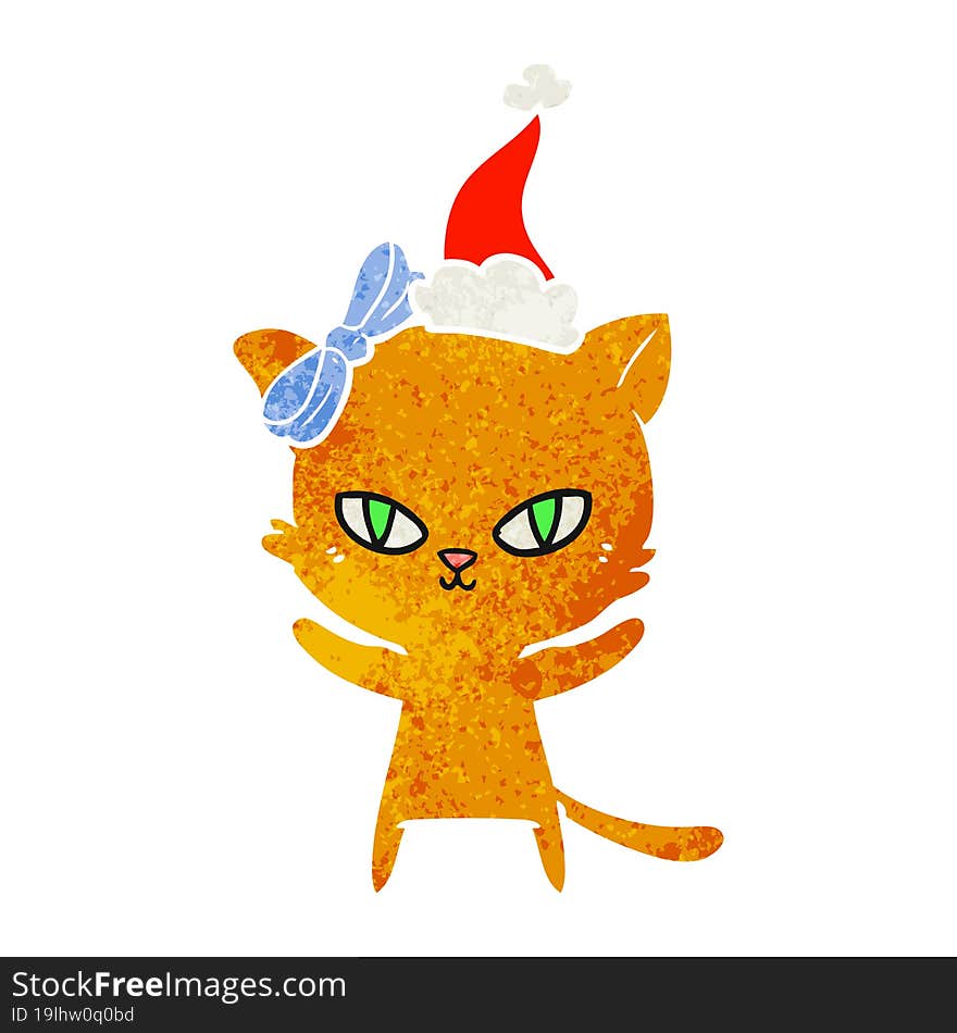 cute hand drawn retro cartoon of a cat wearing santa hat. cute hand drawn retro cartoon of a cat wearing santa hat