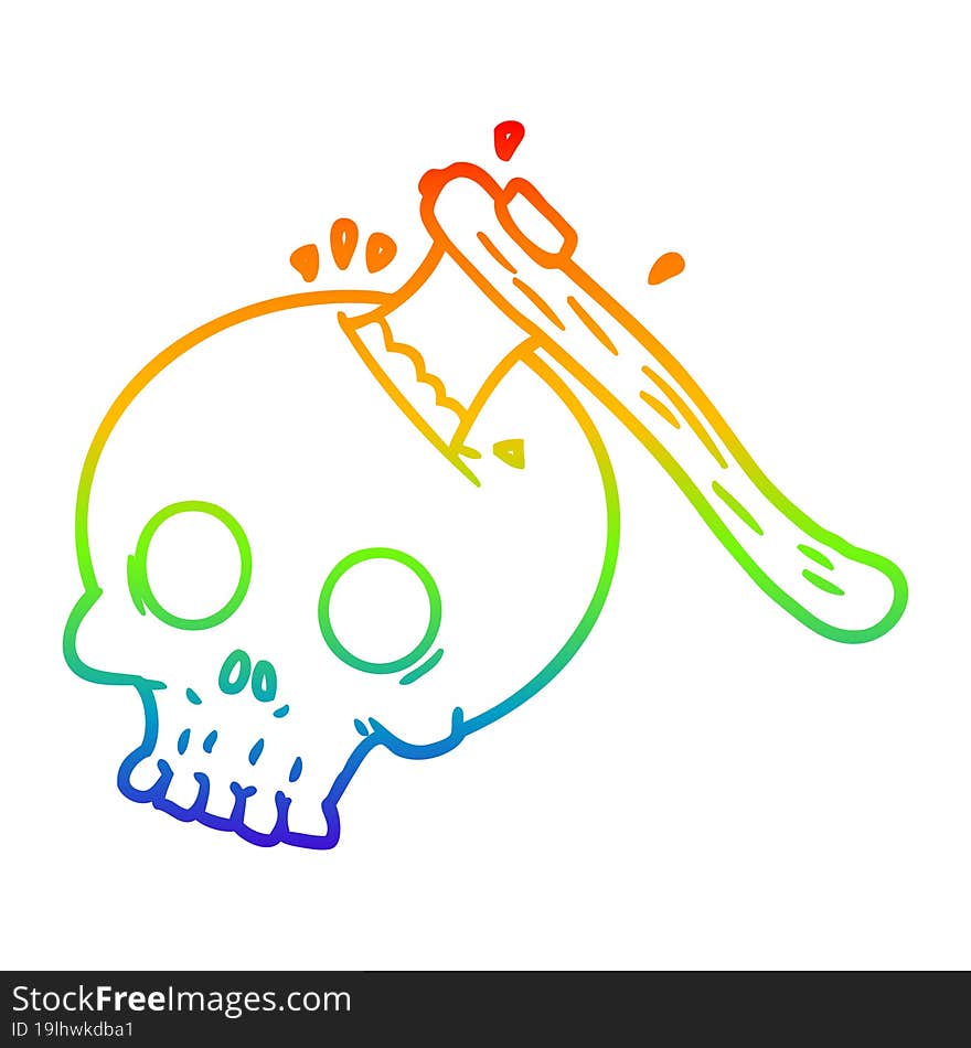 rainbow gradient line drawing cartoon axe in skull