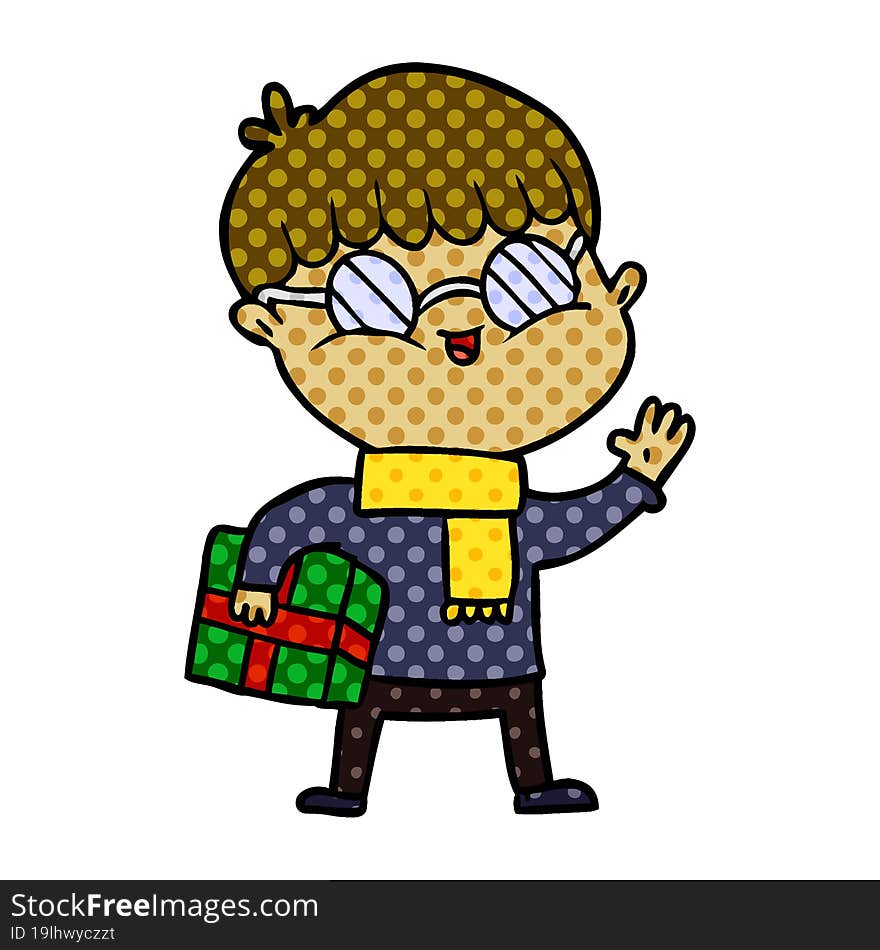 cartoon boy wearing spectacles carrying gift. cartoon boy wearing spectacles carrying gift