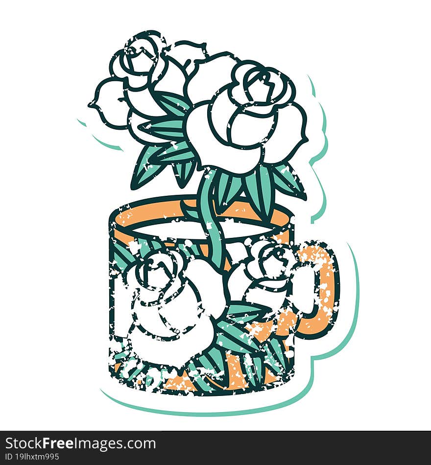 distressed sticker tattoo style icon of a cup and flowers