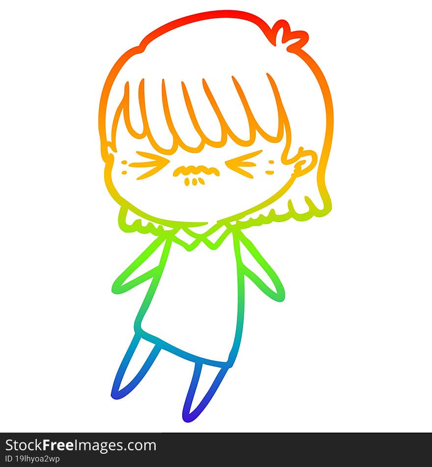 Rainbow Gradient Line Drawing Annoyed Cartoon Girl