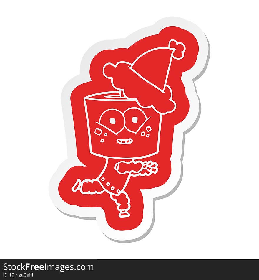 happy quirky cartoon  sticker of a robot wearing santa hat