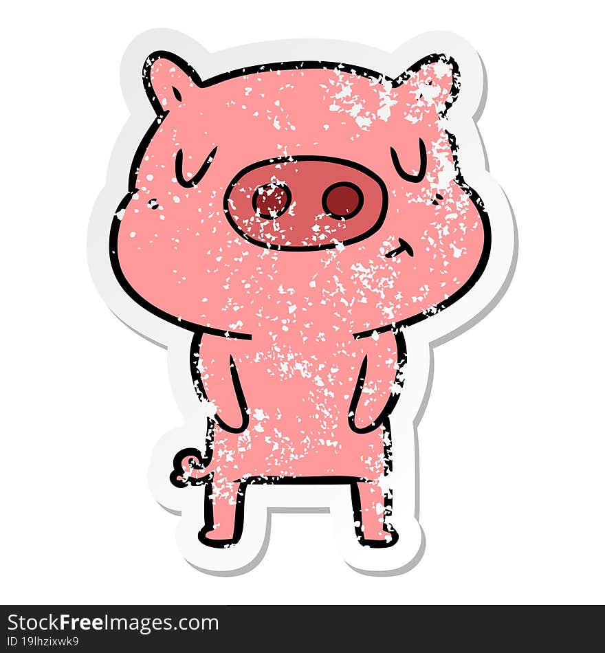 distressed sticker of a cartoon content pig