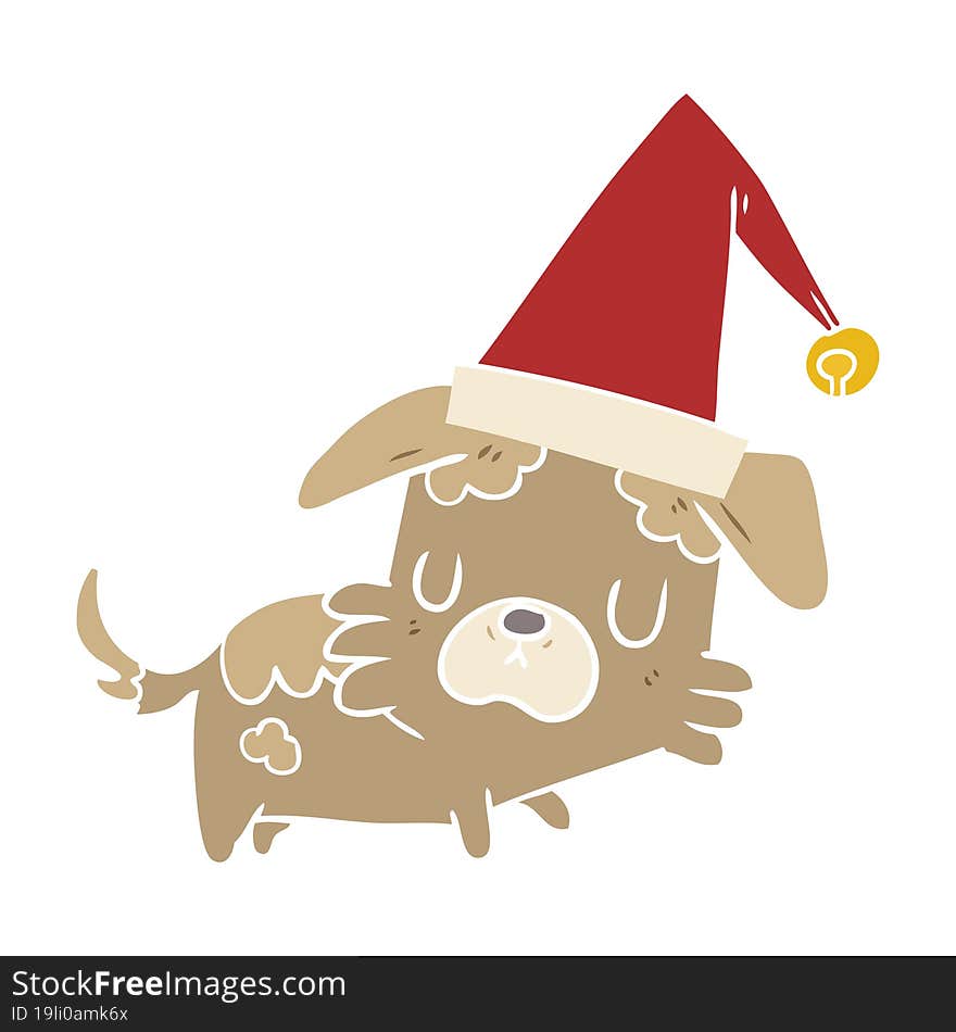 Flat Color Style Cartoon Little Dog In Christmas Hat