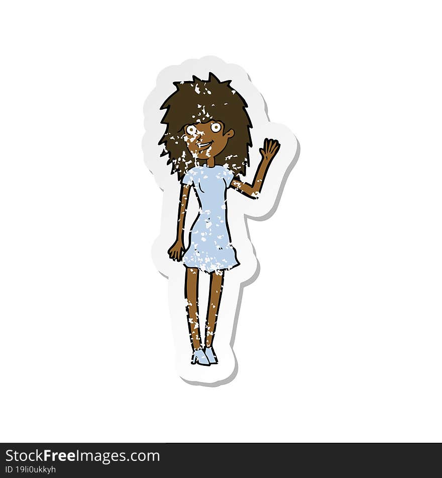 Retro Distressed Sticker Of A Cartoon Happy Woman Waving