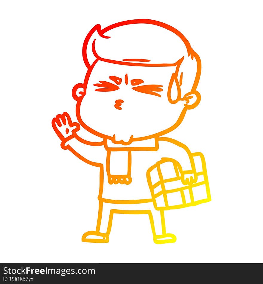 warm gradient line drawing cartoon man sweating