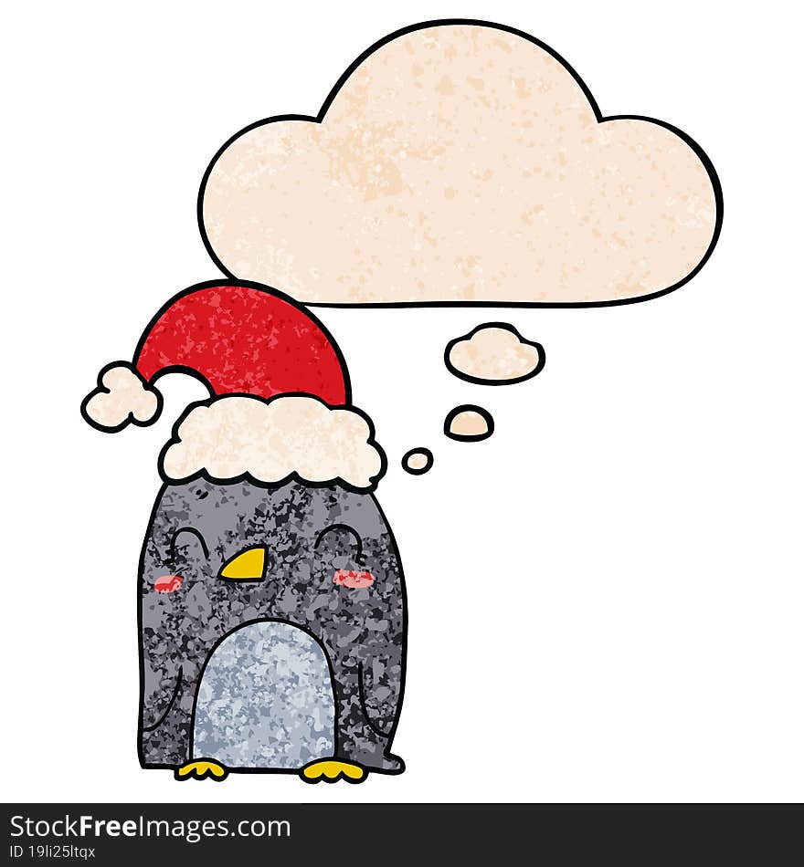 cute christmas penguin and thought bubble in grunge texture pattern style