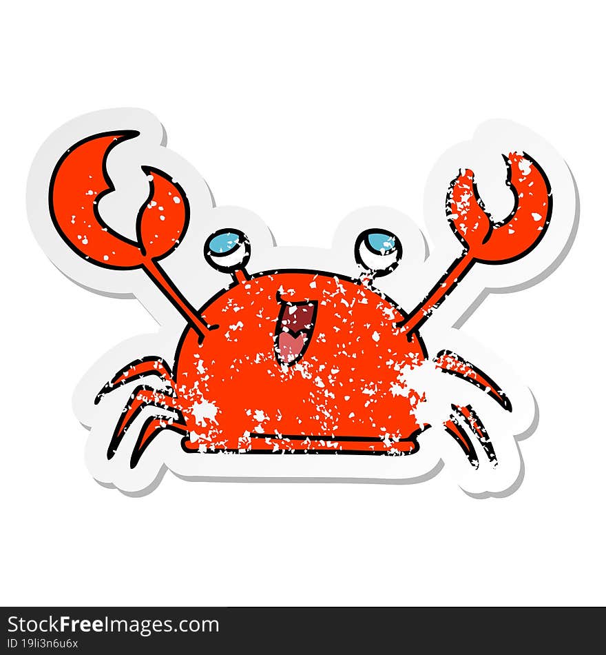 distressed sticker of a quirky hand drawn cartoon happy crab