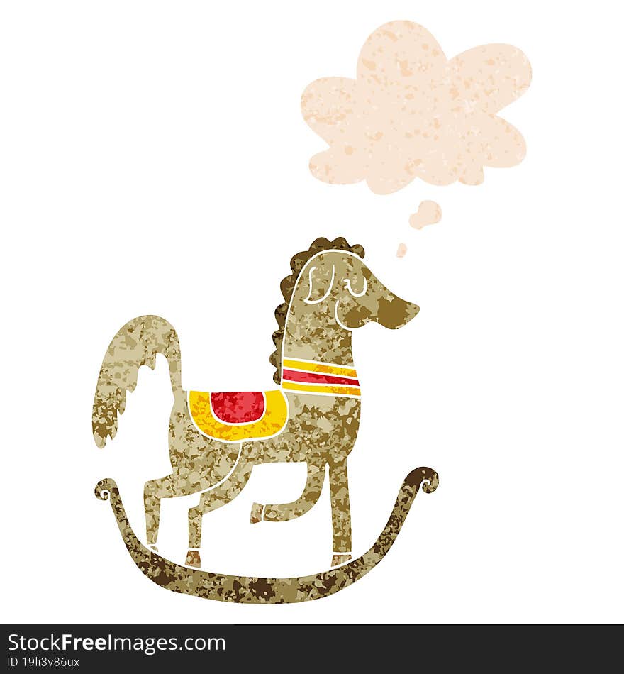 cartoon rocking horse and thought bubble in retro textured style