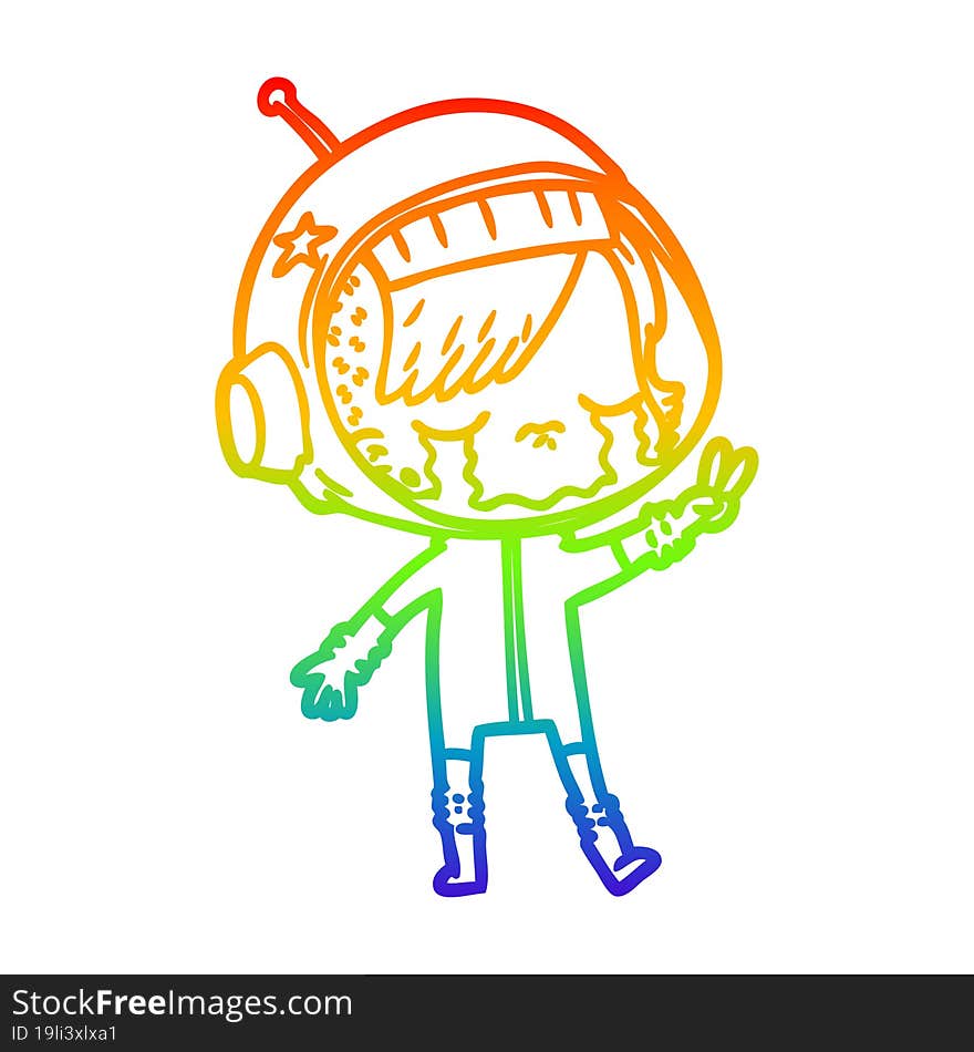 Rainbow Gradient Line Drawing Cartoon Crying Astronaut Girl