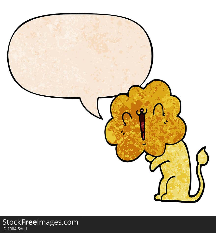 cute cartoon lion and speech bubble in retro texture style