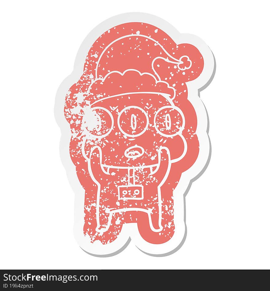 cartoon distressed sticker of a three eyed alien wearing santa hat