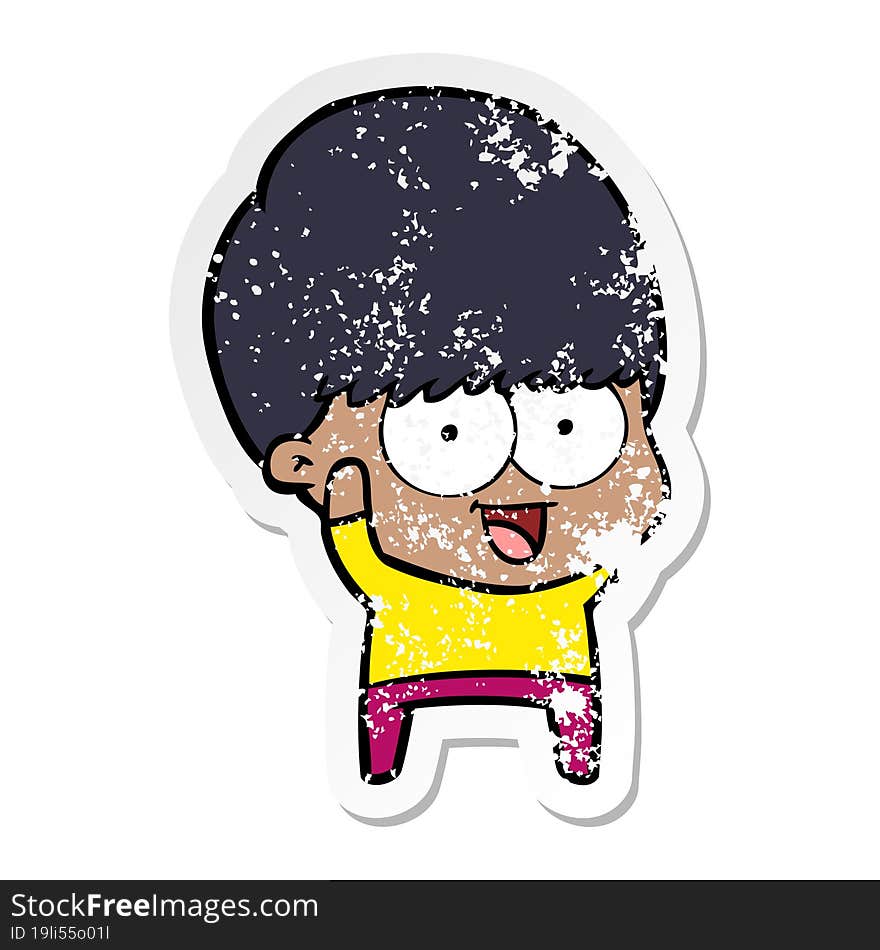 distressed sticker of a happy cartoon boy waving