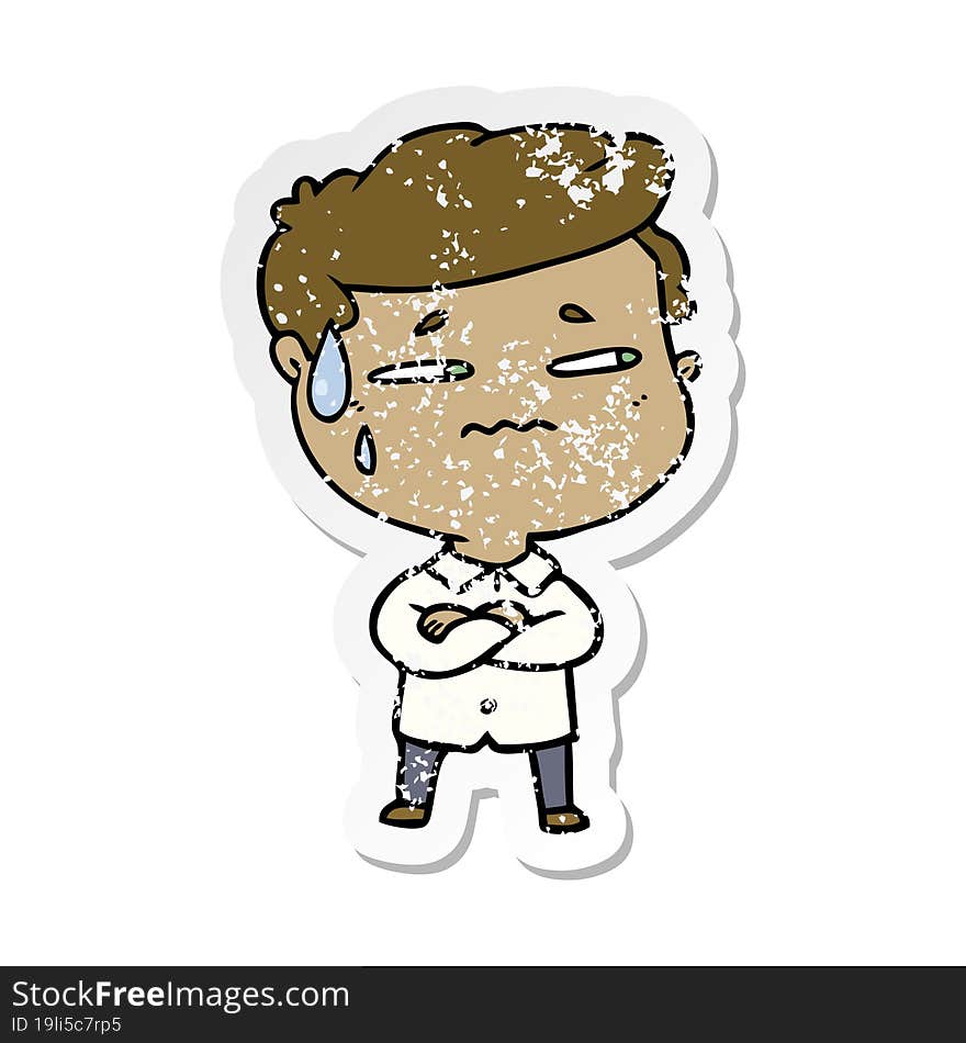 Distressed Sticker Of A Cartoon Anxious Man