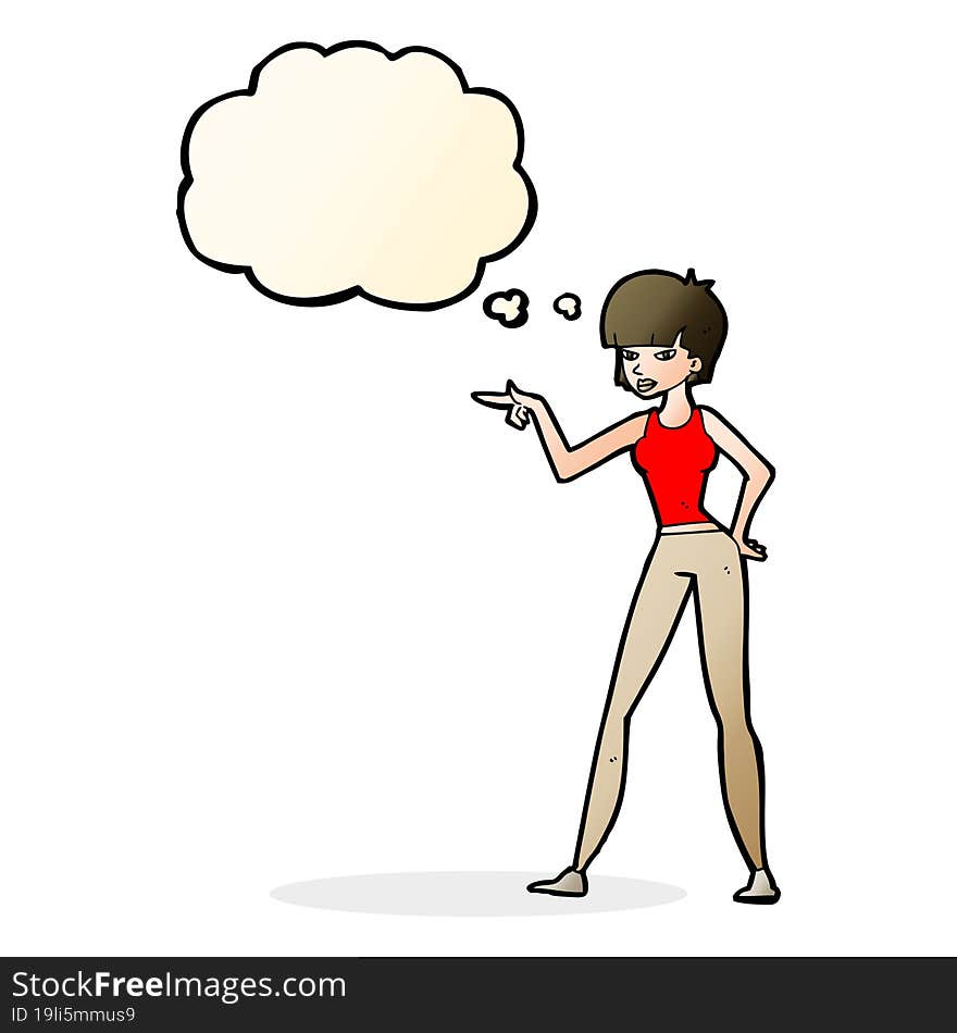 cartoon woman pointing with thought bubble