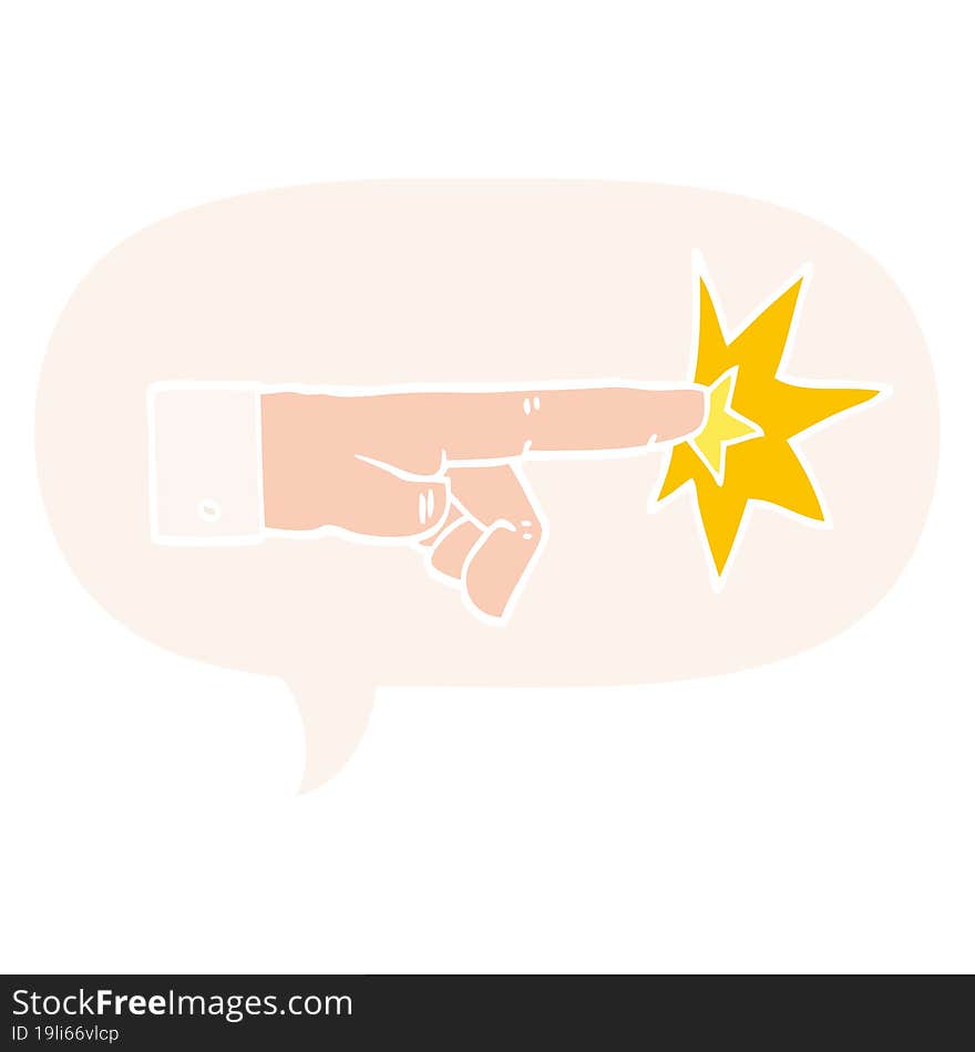 cartoon pointing hand with speech bubble in retro style