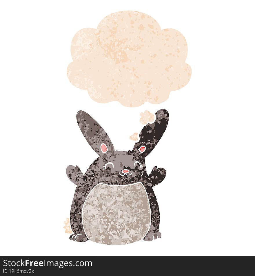 cartoon rabbit and thought bubble in retro textured style