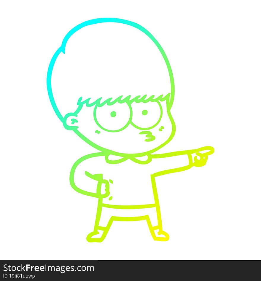 cold gradient line drawing of a nervous cartoon boy pointing