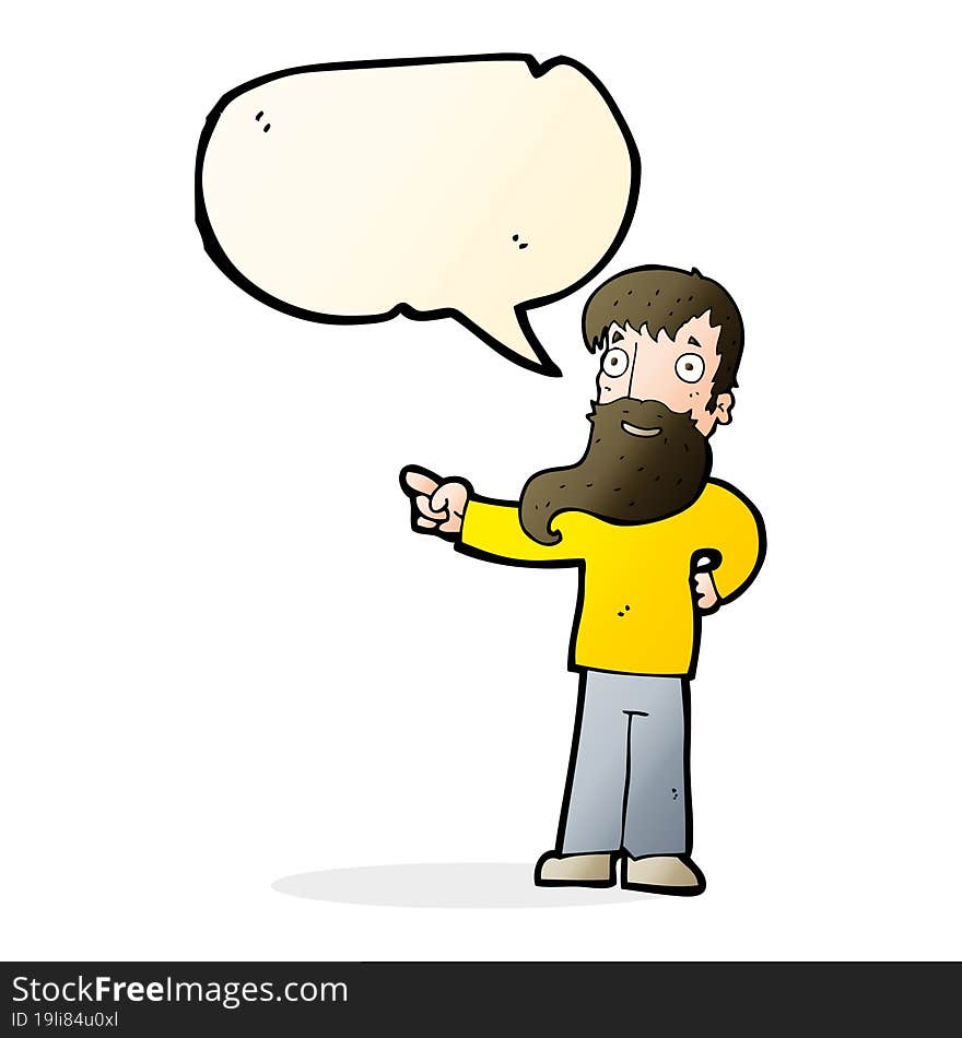 cartoon man with beard pointing with speech bubble