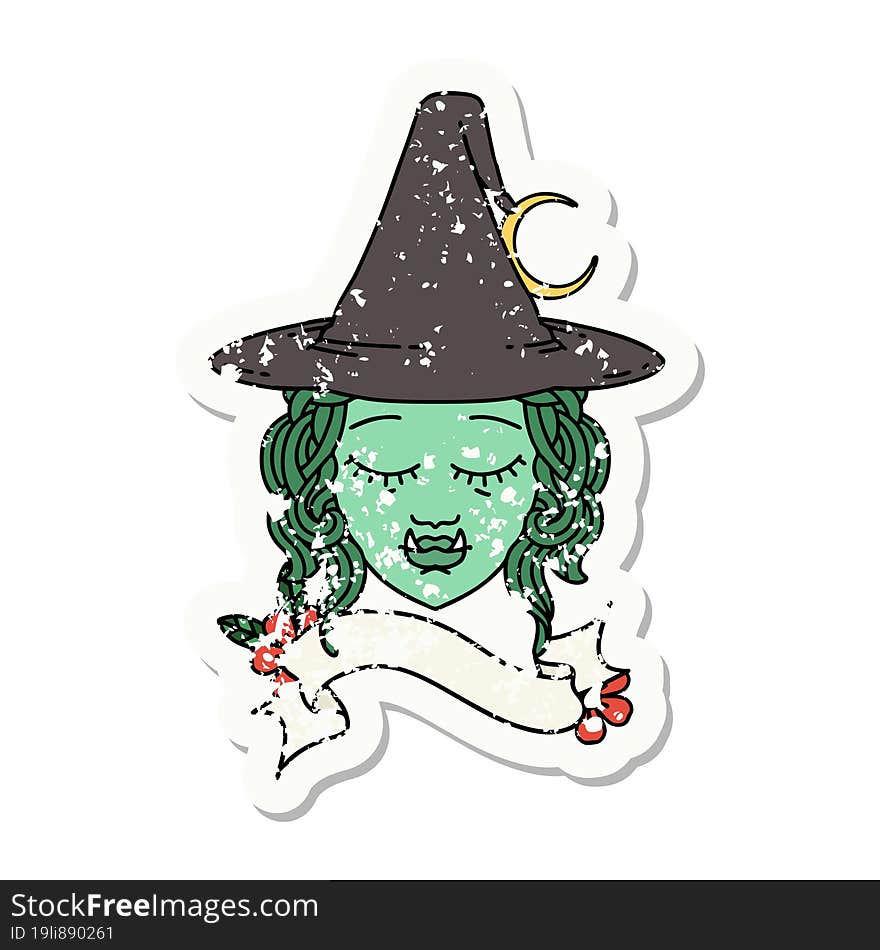 grunge sticker of a half orc witch character face. grunge sticker of a half orc witch character face