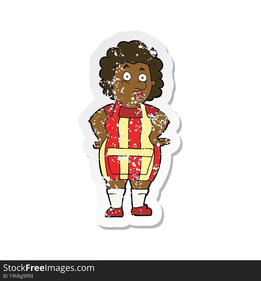 Retro Distressed Sticker Of A Cartoon Woman In Kitchen Apron