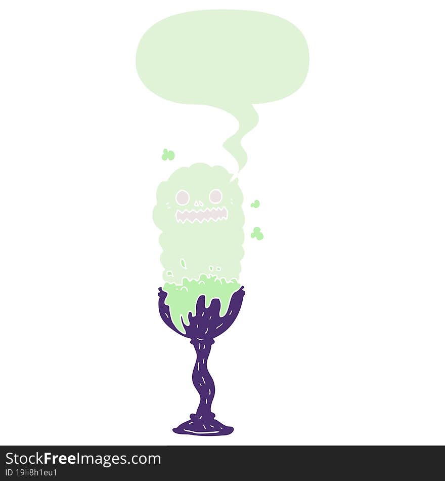 cartoon spooky halloween potion cup and speech bubble in retro style