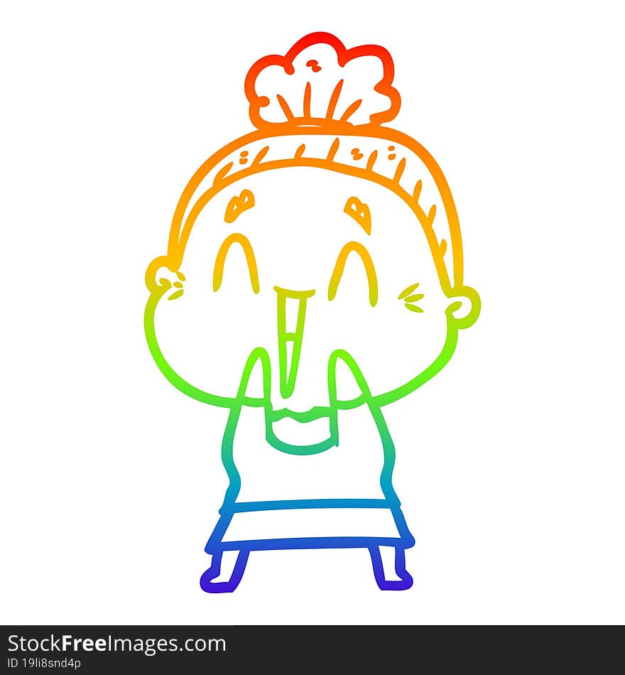 rainbow gradient line drawing of a cartoon happy old lady