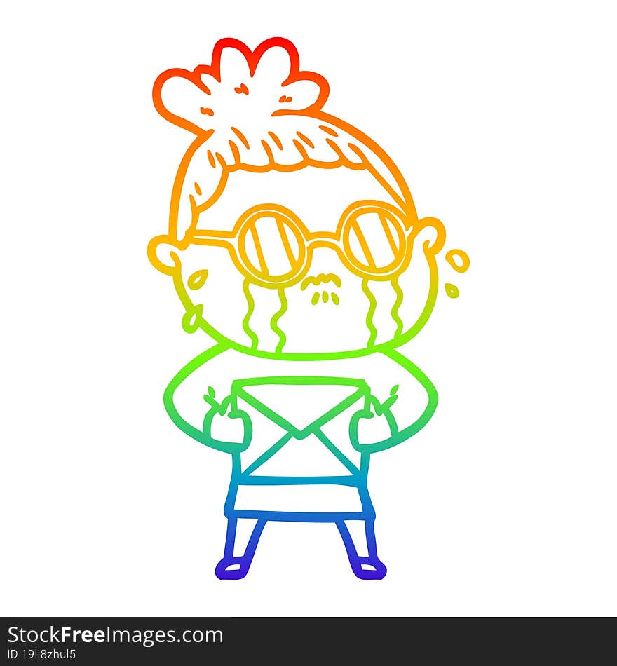 rainbow gradient line drawing cartoon crying woman wearing spectacles