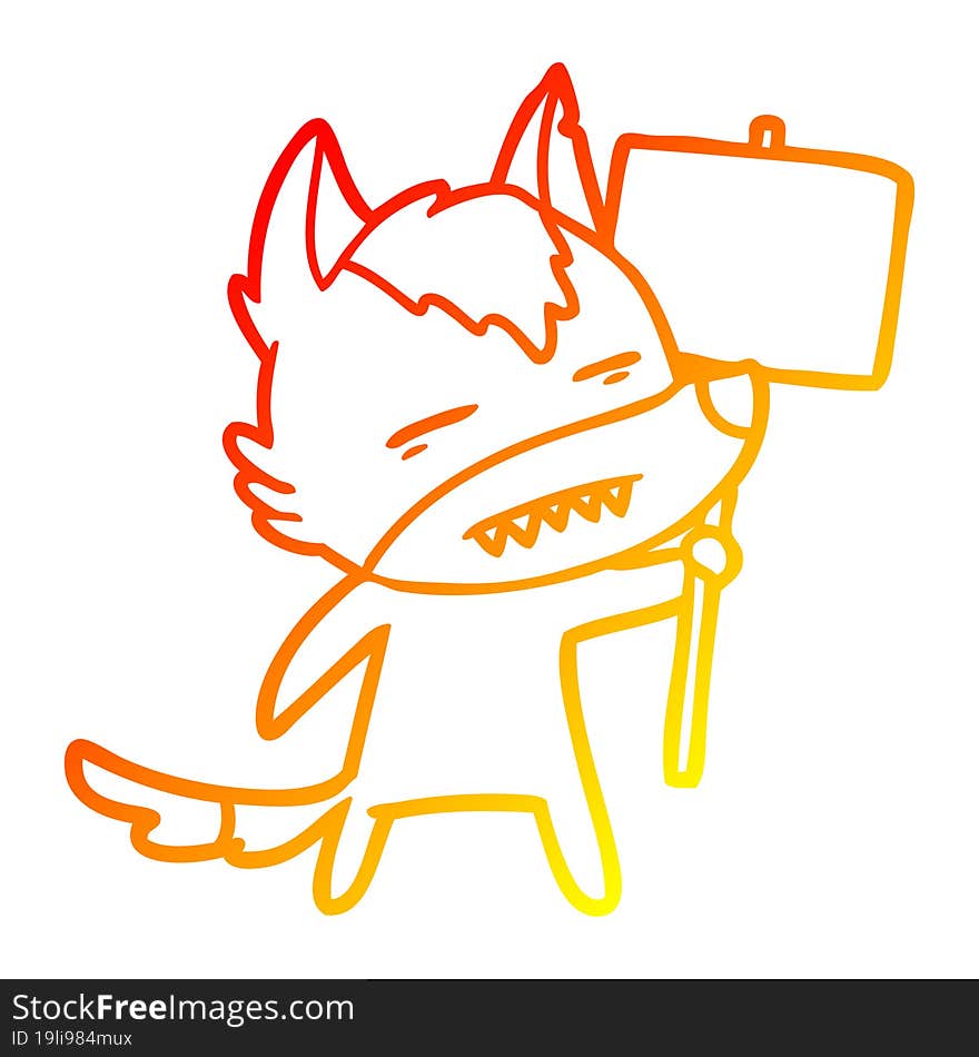 Warm Gradient Line Drawing Cartoon Wolf With Sign Post Showing Teeth