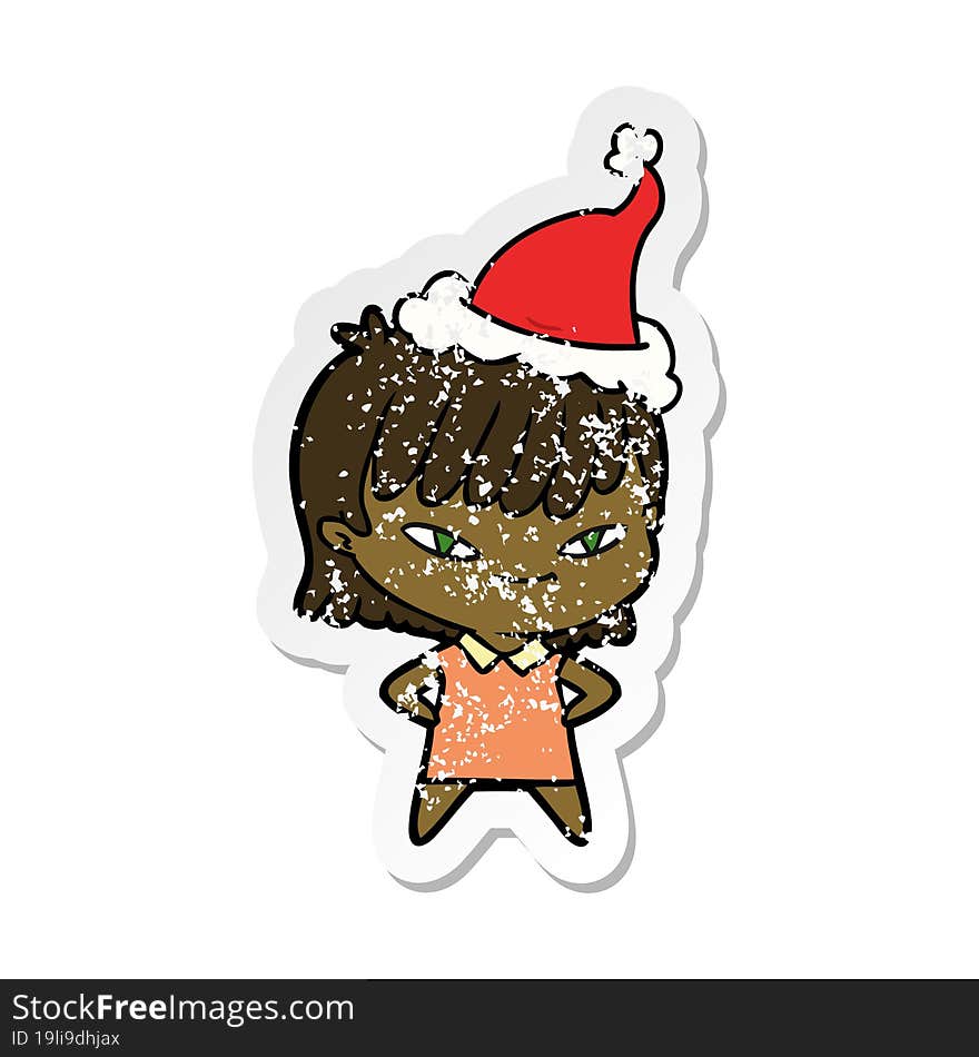 hand drawn distressed sticker cartoon of a woman wearing santa hat