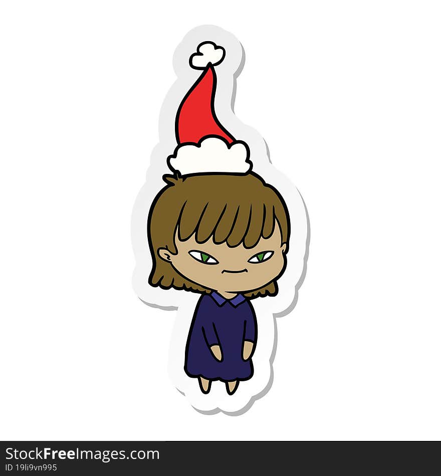 hand drawn sticker cartoon of a woman wearing santa hat