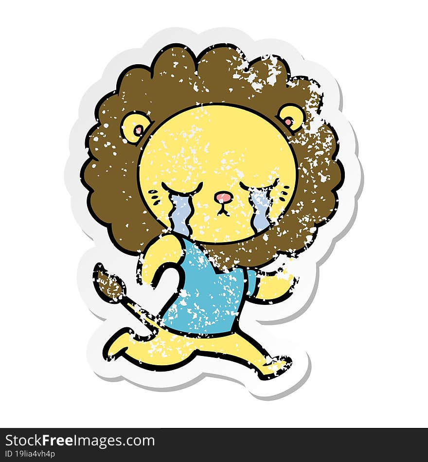 distressed sticker of a crying cartoon lion