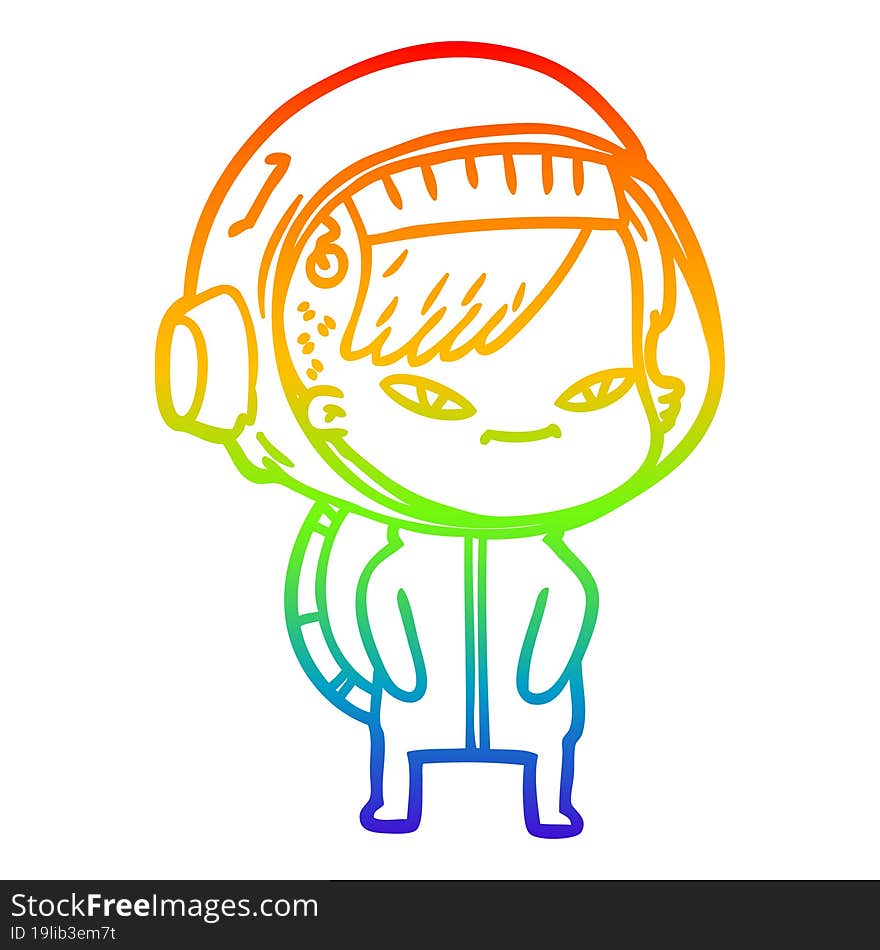 rainbow gradient line drawing of a cartoon astronaut woman