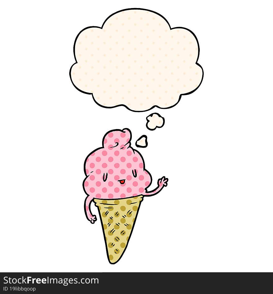 Cute Cartoon Ice Cream And Thought Bubble In Comic Book Style