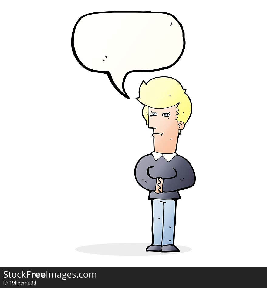 cartoon man narrowing his eyes with speech bubble