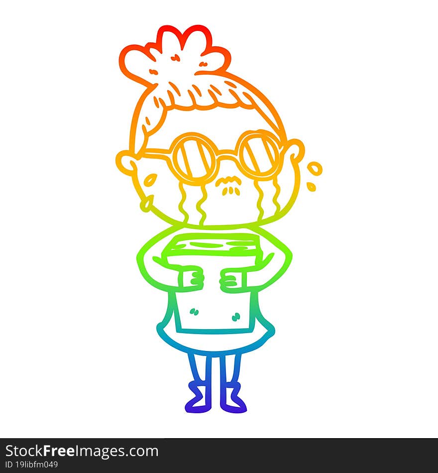 Rainbow Gradient Line Drawing Cartoon Crying Woman Wearing Spectacles