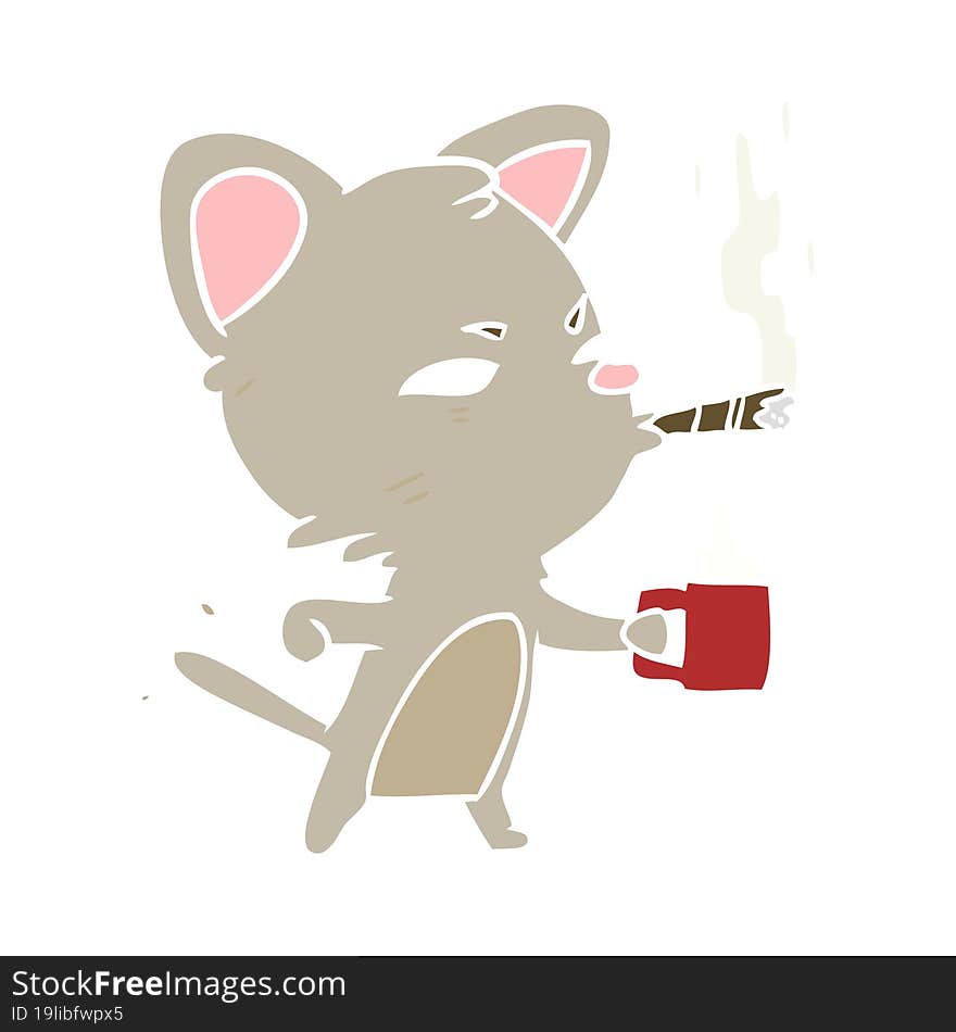 flat color style cartoon cat with coffee and cigar. flat color style cartoon cat with coffee and cigar