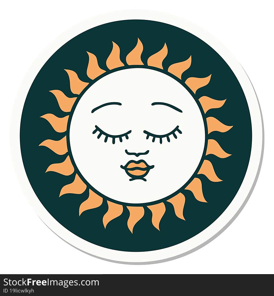 sticker of tattoo in traditional style of a sun with face. sticker of tattoo in traditional style of a sun with face