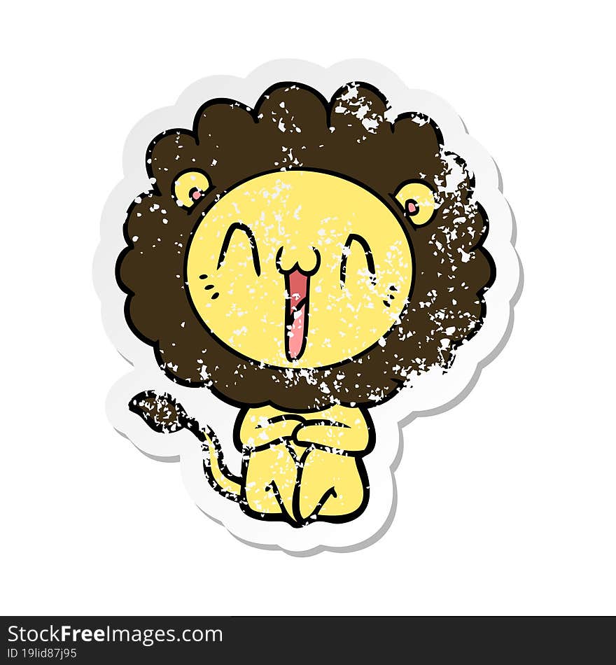 distressed sticker of a happy cartoon lion