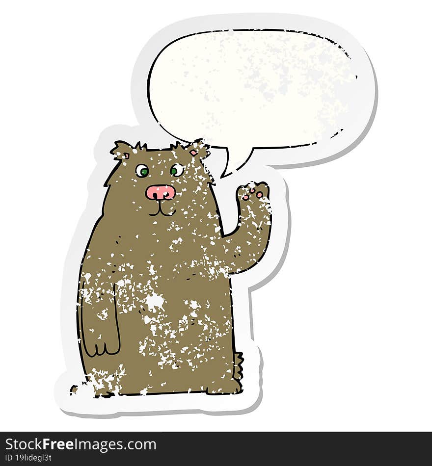 cartoon bear with speech bubble distressed distressed old sticker. cartoon bear with speech bubble distressed distressed old sticker