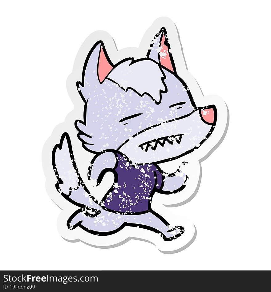 distressed sticker of a cartoon wolf showing teeth