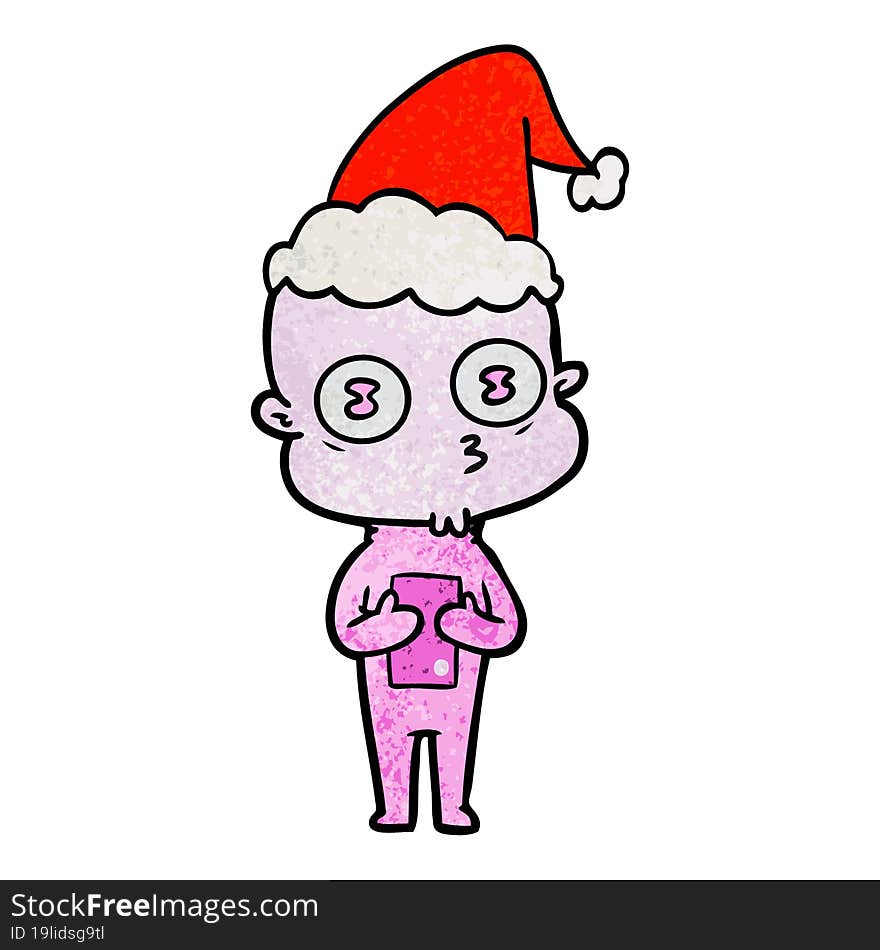 Textured Cartoon Of A Weird Bald Spaceman Wearing Santa Hat