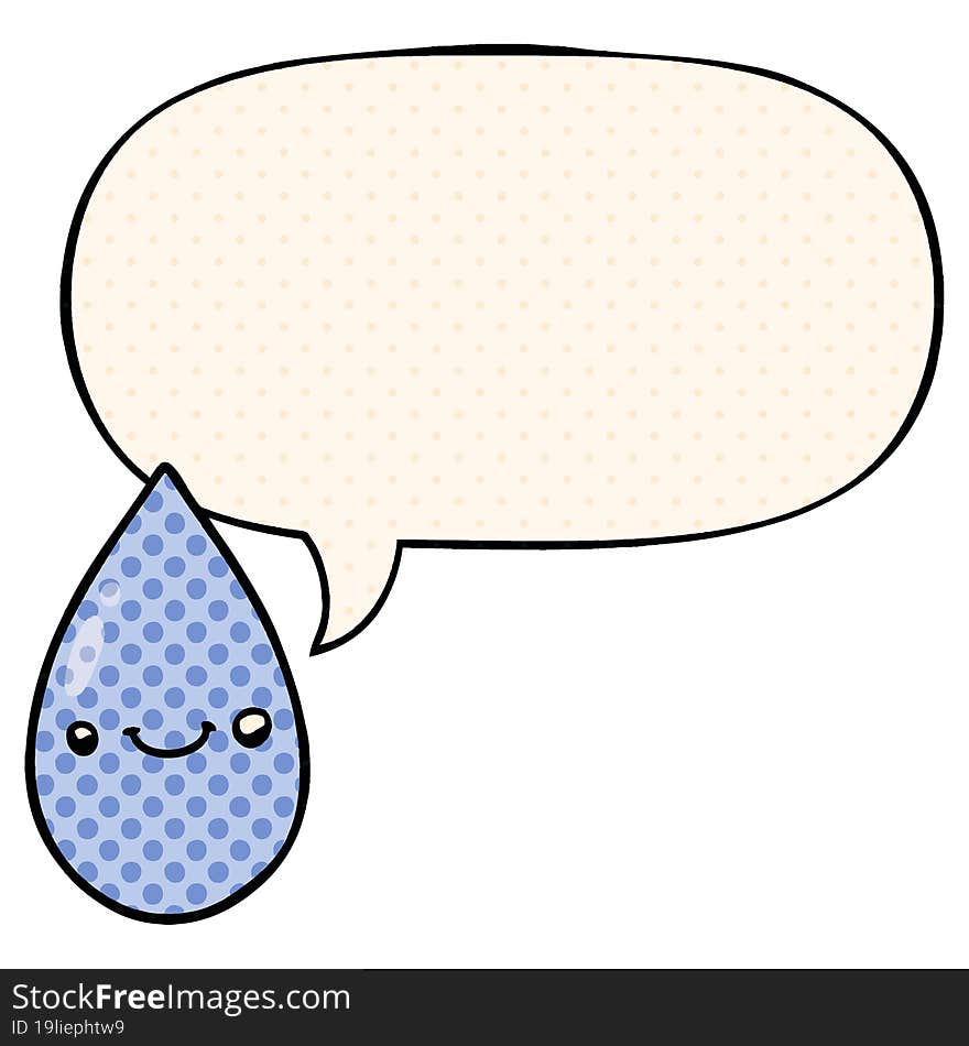 cartoon cute raindrop and speech bubble in comic book style