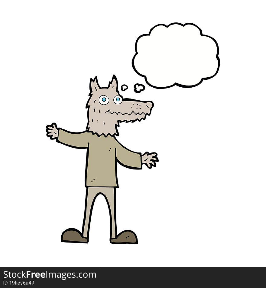 cartoon wolf man with thought bubble