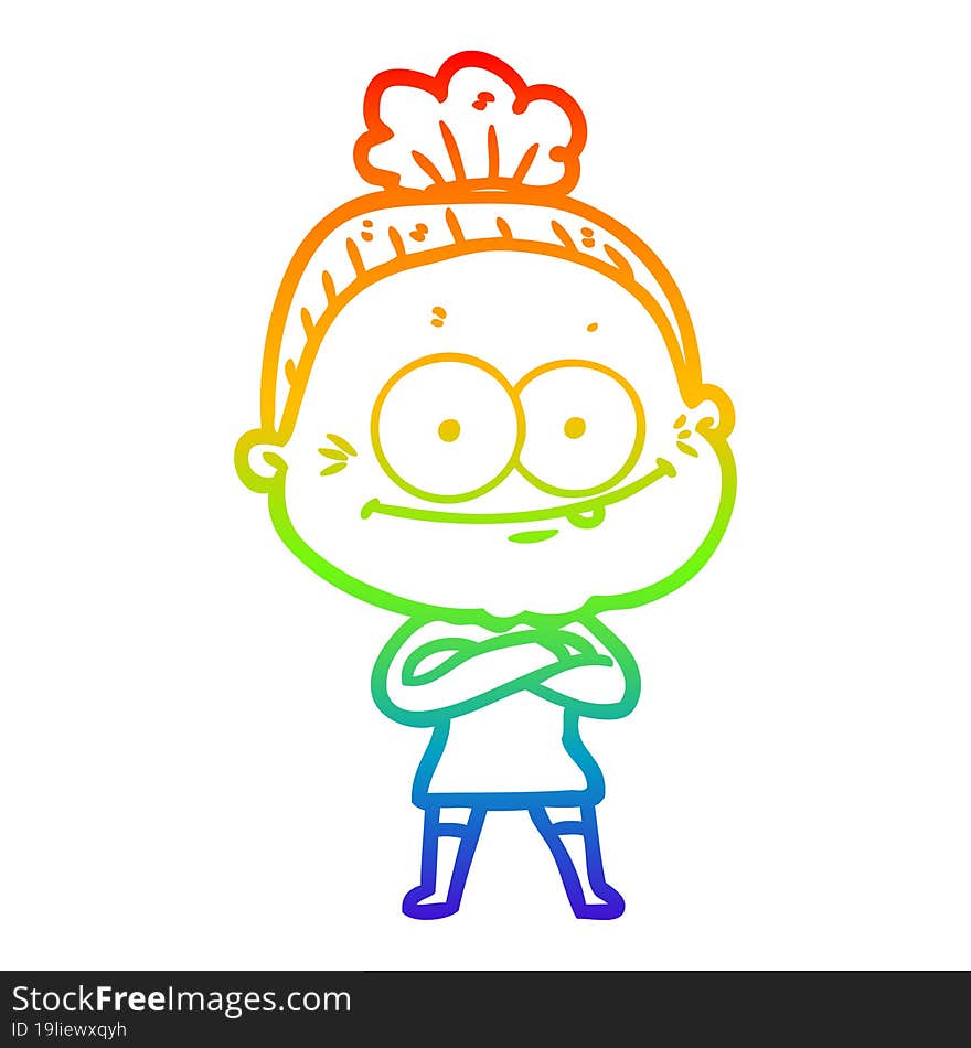 rainbow gradient line drawing of a cartoon happy old woman