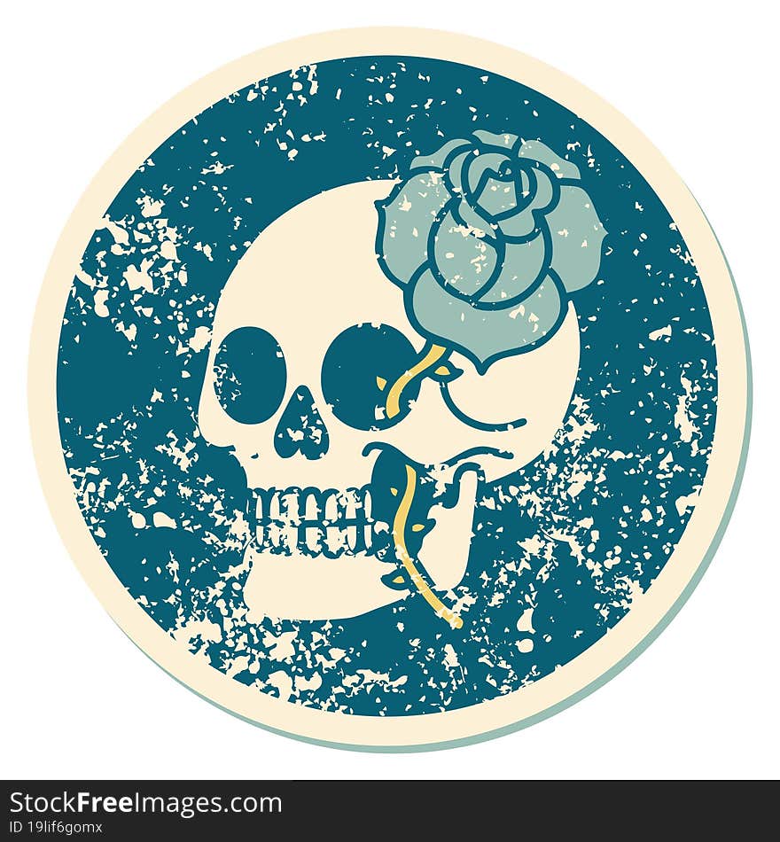 distressed sticker tattoo style icon of a skull and rose