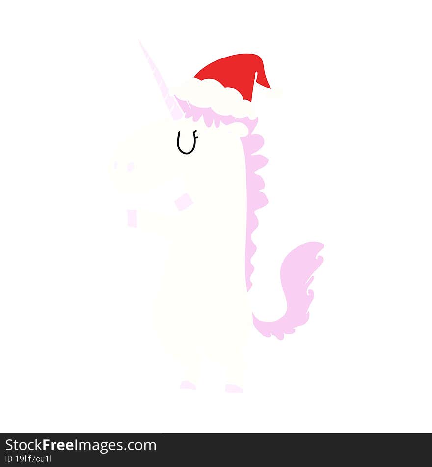 flat color illustration of a unicorn wearing santa hat