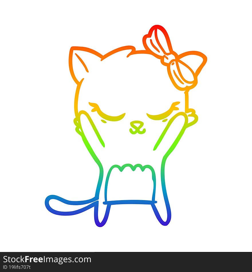 Rainbow Gradient Line Drawing Cute Cartoon Cat With Bow