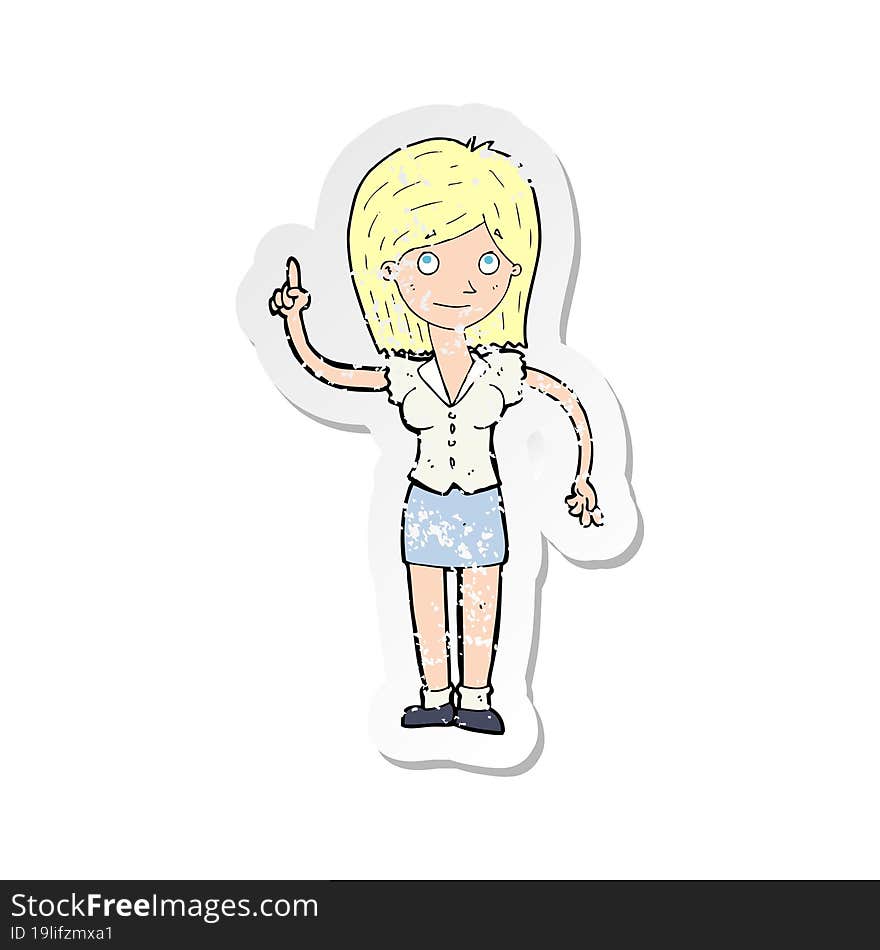 Retro Distressed Sticker Of A Cartoon Woman With Idea