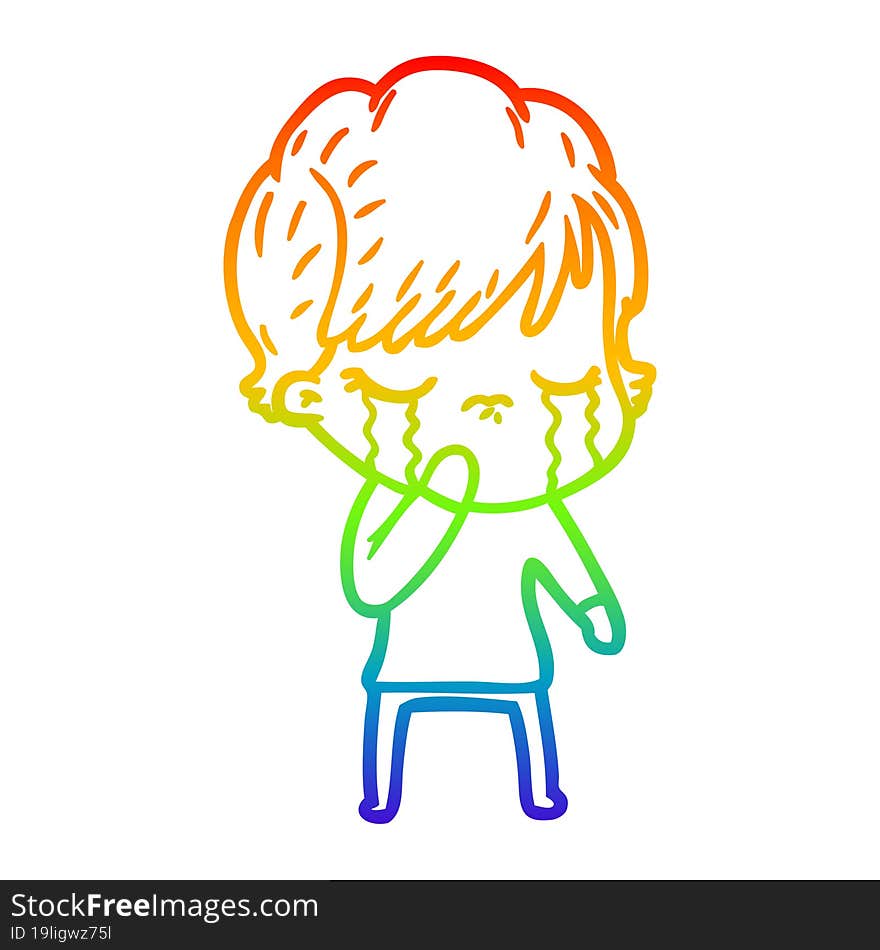 rainbow gradient line drawing of a cartoon woman crying